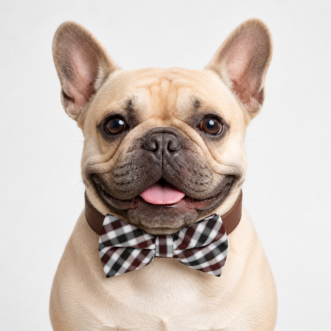 French bulldog wearing a brown plaid bow tie dog collar with a comfortable adjustable fit
