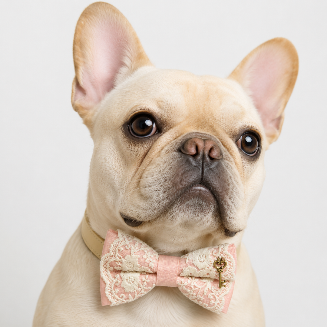 French Bulldog wearing a blush pink floral lace ring bearer dog bow tie collar with decorative key charm and vegan leather collar.
