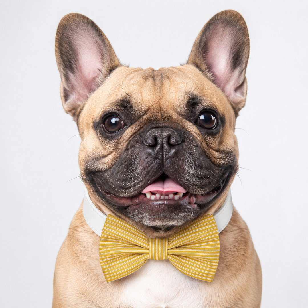 French Bulldog wearing a yellow striped bow tie collar with white vegan leather collar and silver-tone hardware
