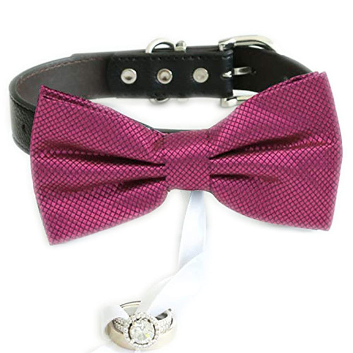 Fuchsia red ring bearer dog bow tie collar with black vegan leather collar and decorative ring holder charm