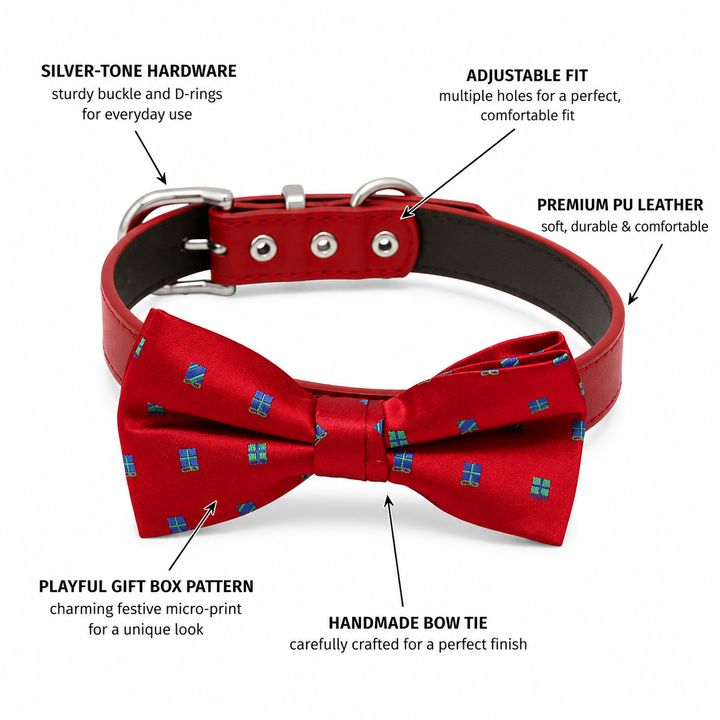 Red gift box pattern dog bow tie collar feature guide showing vegan leather collar, silver-tone hardware, adjustable fit, and handmade bow tie