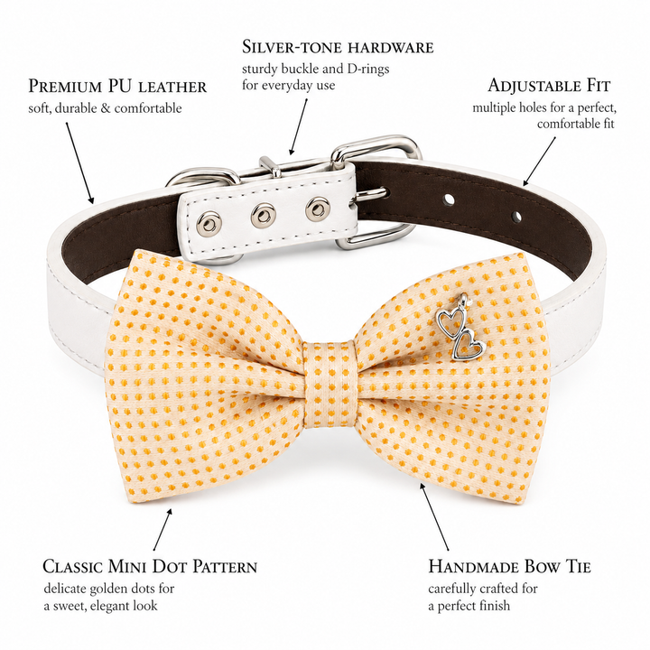 Dog bow tie collar feature guide showing gold dot fabric, double heart charm, adjustable vegan leather collar, silver hardware, and handmade construction