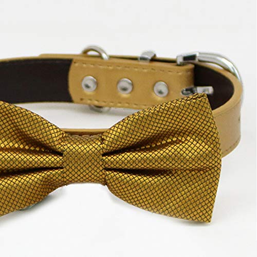 Close-up detail of a gold metallic dog bow tie with textured crosshatch fabric and tan vegan leather collar