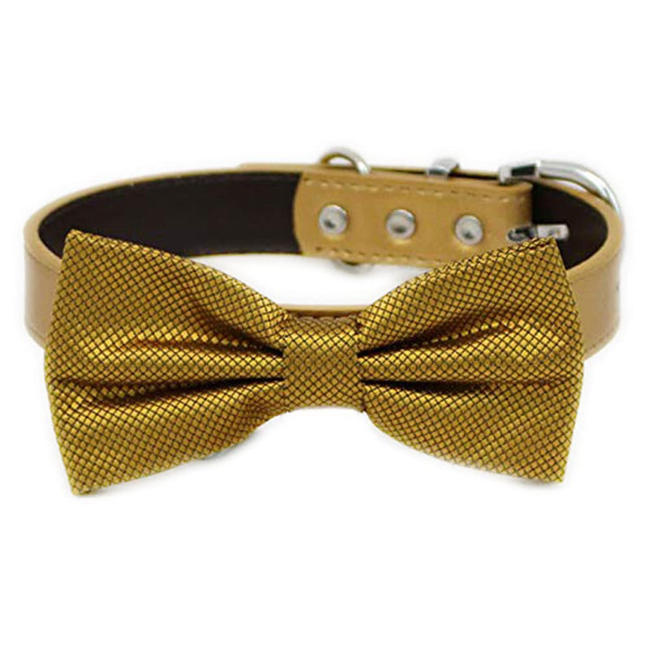 Gold metallic dog bow tie collar with tan vegan leather collar and silver-tone hardware for formal occasions