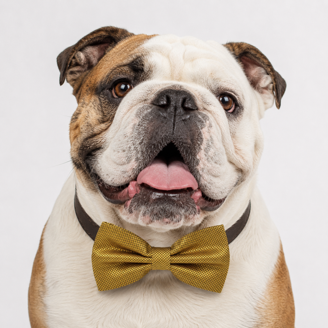 English bulldog wearing a gold metallic ring bearer dog bow tie collar with brown vegan leather collar and wedding ring holder attachment