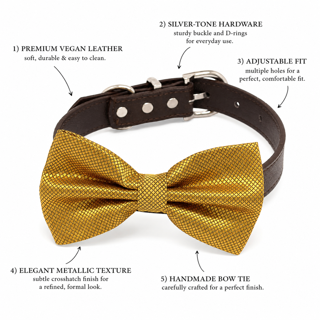 Feature guide showing gold metallic ring bearer dog bow tie collar with vegan leather collar, silver-tone hardware, adjustable fit, metallic textured fabric, and handmade craftsmanship