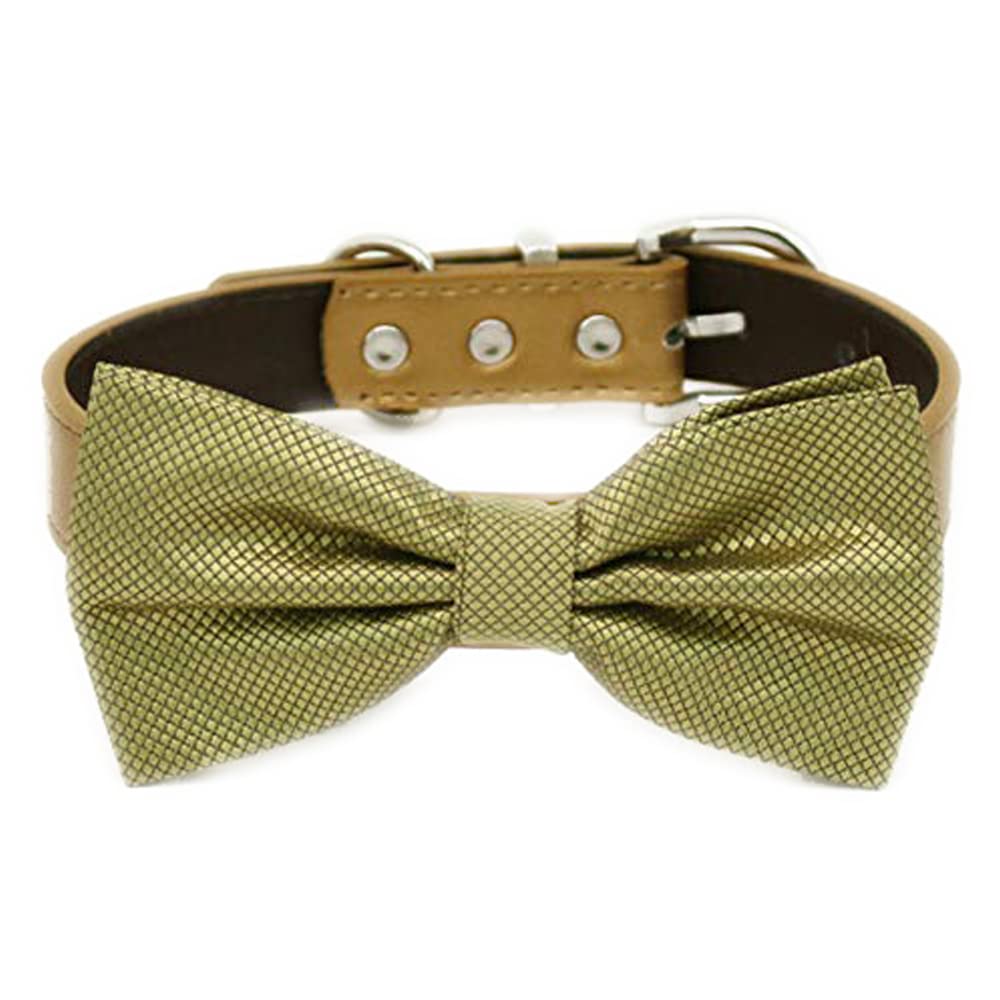 Gold textured micro check dog bow tie collar with tan vegan leather collar and silver-tone hardware