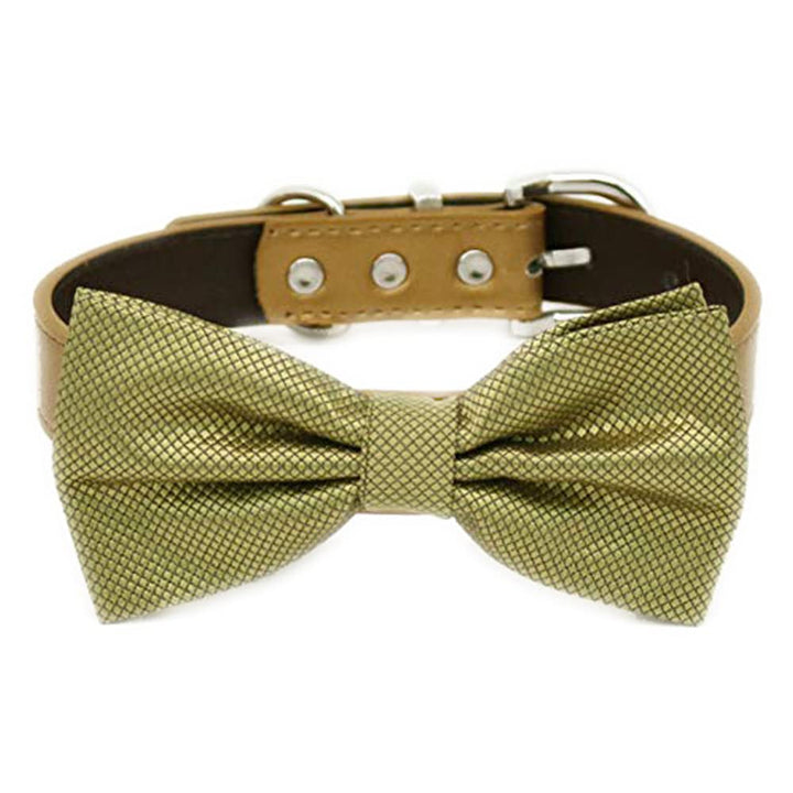 Gold textured micro check dog bow tie collar with tan vegan leather collar and silver-tone hardware