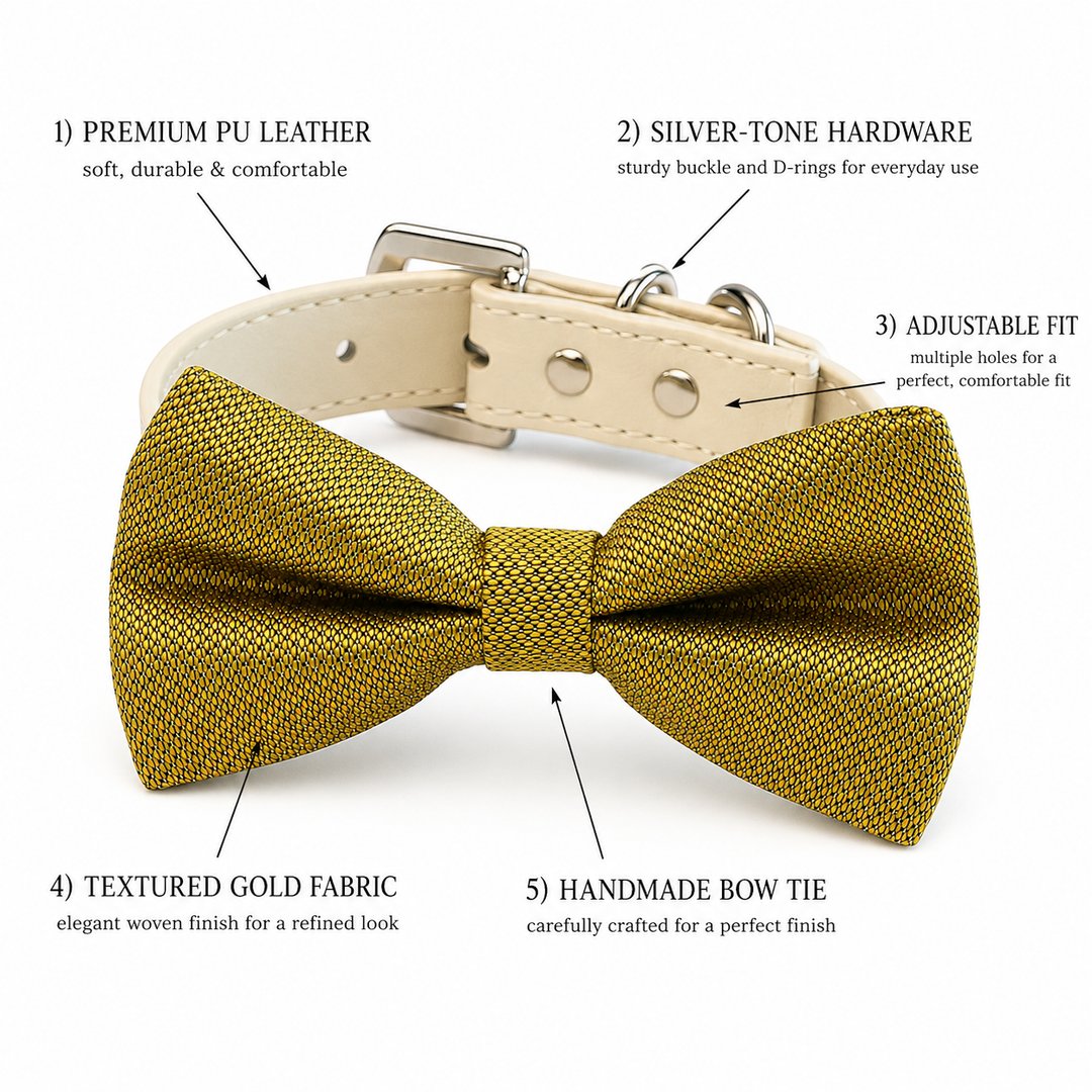 Dog bow tie collar feature guide showing gold textured fabric bow tie, adjustable vegan leather collar, silver-tone hardware, and handmade craftsmanship