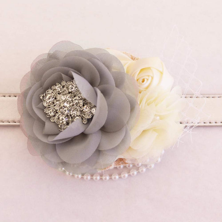 Gray and ivory floral dog collar featuring chiffon flowers, pearl accents, decorative veil detail, and adjustable collar.