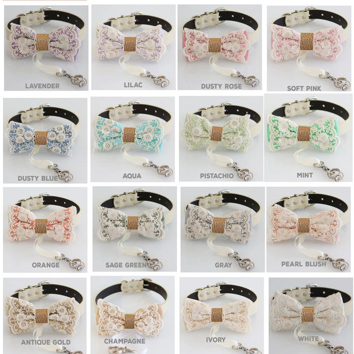 Ring bearer dog bow tie collar color chart showing lavender, lilac, dusty rose, soft pink, dusty blue, aqua, pistachio, mint, orange, sage green, gray, pearl blush, antique gold, champagne, ivory, and white color options