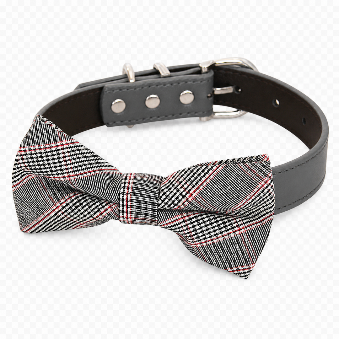 Gray and red Glen plaid dog bow tie collar with black vegan leather collar and silver-tone hardware