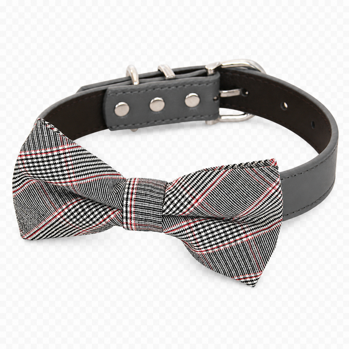 Gray and red Glen plaid dog bow tie collar with black vegan leather collar and silver-tone hardware
