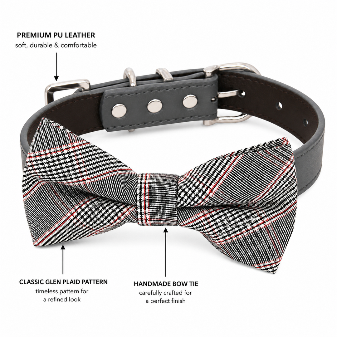 Dog bow tie collar feature guide showing Glen plaid pattern bow tie, vegan leather collar, and handmade craftsmanship