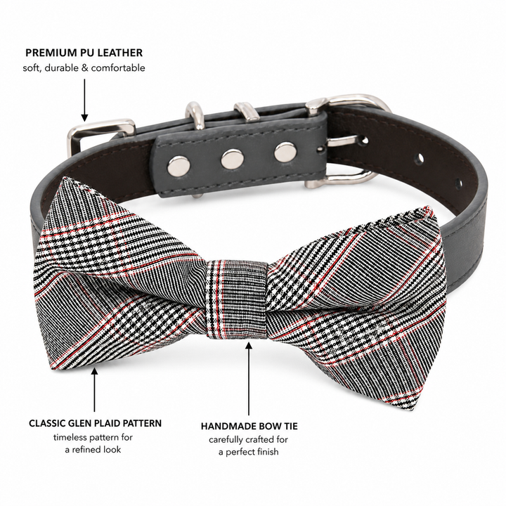 Dog bow tie collar feature guide showing Glen plaid pattern bow tie, vegan leather collar, and handmade craftsmanship