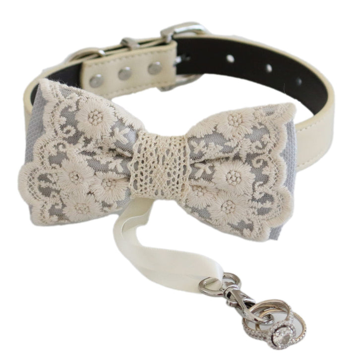 Gray floral lace ring bearer dog bow tie collar with premium vegan leather collar, elegant embroidery, and attached wedding ring holder ribbon