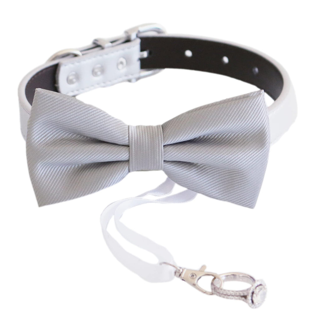 Gray striped satin ring bearer dog bow tie collar with black vegan leather collar, ribbon ring holder, and silver-tone hardware.