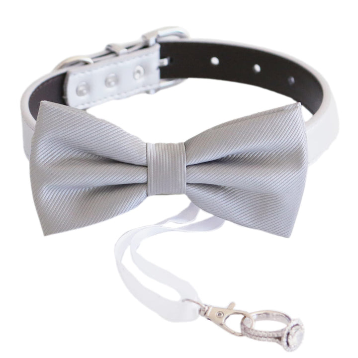 Gray striped satin ring bearer dog bow tie collar with black vegan leather collar, ribbon ring holder, and silver-tone hardware.