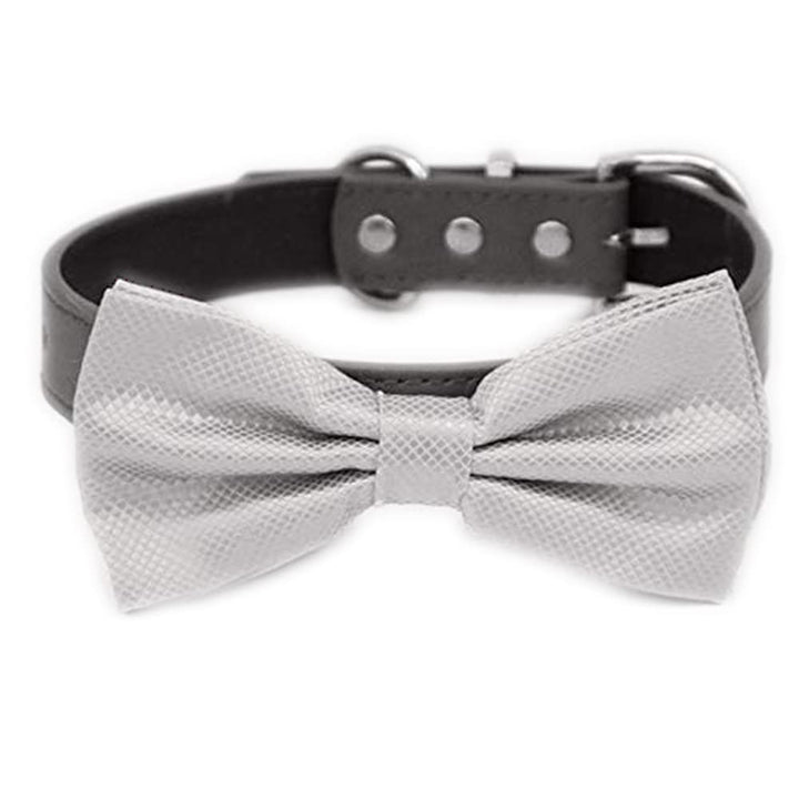 Gray textured satin dog bow tie collar with black vegan leather collar and silver-tone hardware.