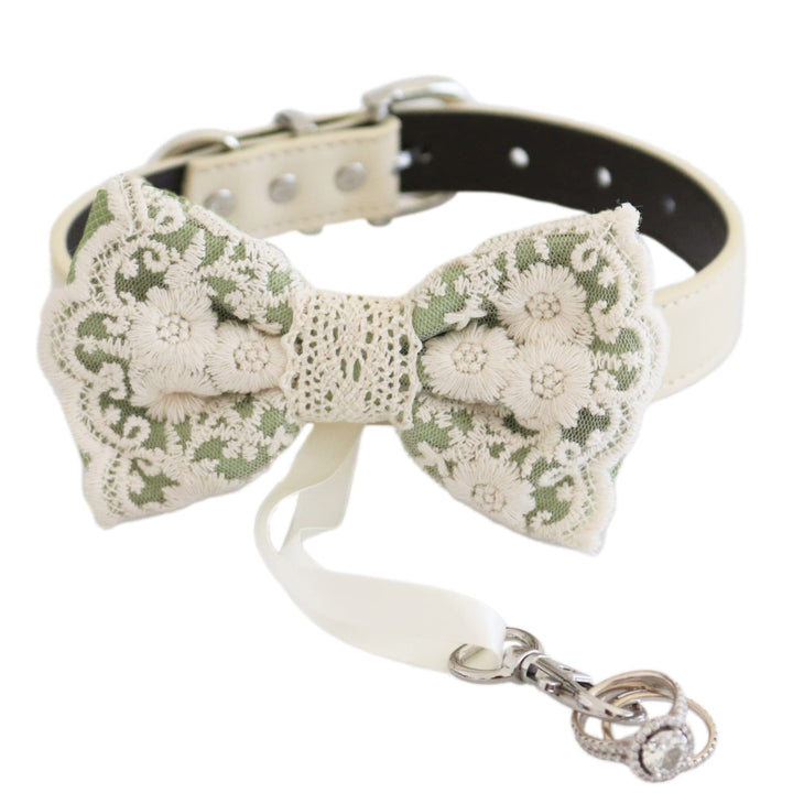 Green Oasis floral lace dog bow tie collar with ivory vegan leather collar, embroidered floral lace details, ring bearer ribbon, and elegant handmade design