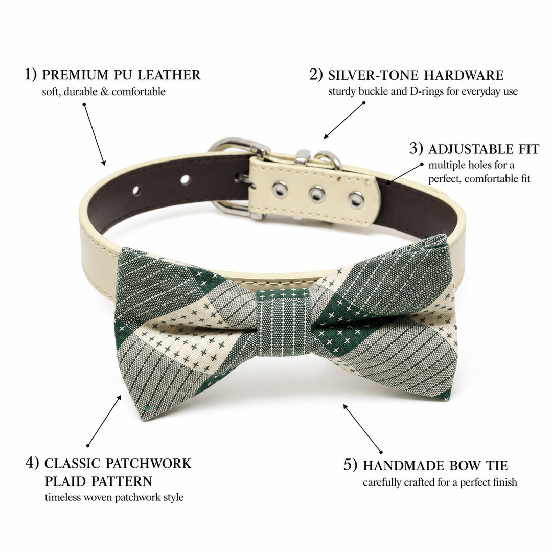 Dog bow tie collar feature guide showing patchwork plaid fabric, vegan leather collar, adjustable fit, silver-tone hardware, and handmade craftsmanship