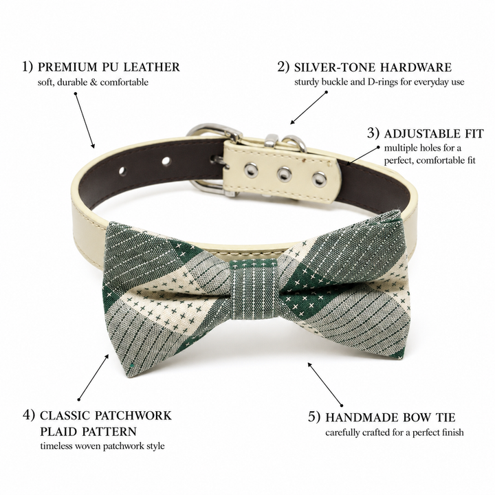 Dog bow tie collar feature guide showing patchwork plaid fabric, vegan leather collar, adjustable fit, silver-tone hardware, and handmade craftsmanship