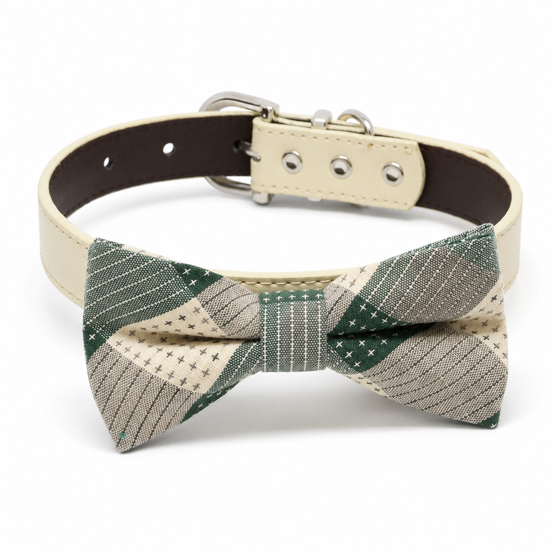 Green and cream patchwork plaid dog bow tie collar with ivory vegan leather collar and silver-tone hardware