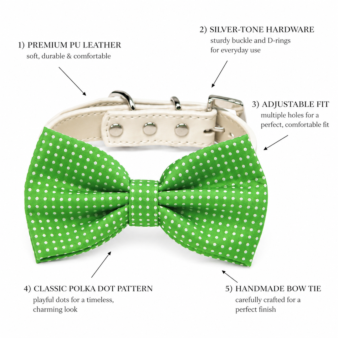 Dog bow tie collar feature guide showing green polka dot bow tie, vegan leather collar, silver-tone hardware, and adjustable fit