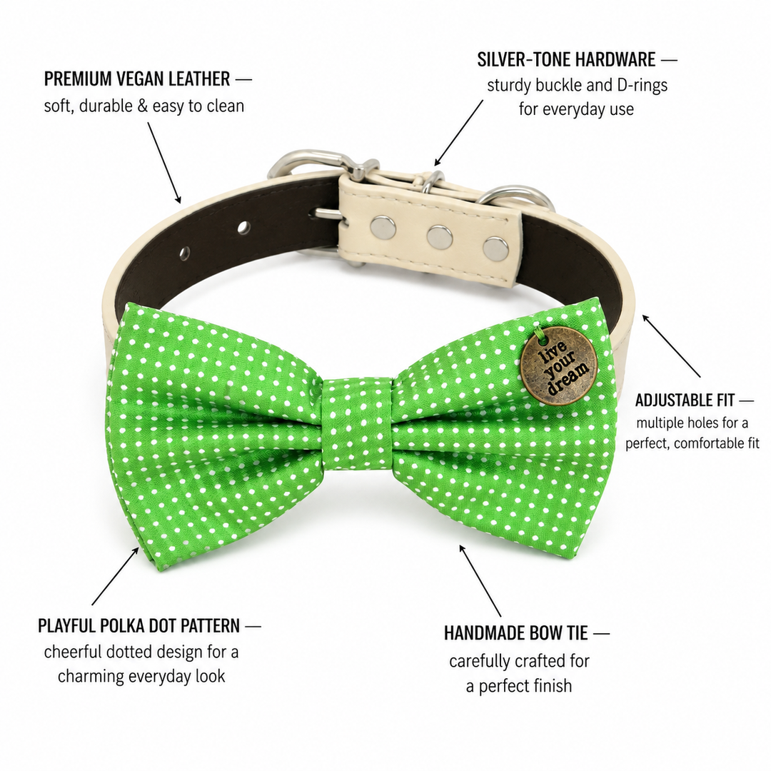 Feature guide showing green polka dot dog bow tie collar with live your dream charm, vegan leather collar, silver-tone hardware, adjustable fit, and handmade craftsmanship