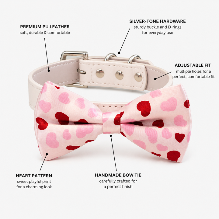 Heart pattern dog bow tie collar feature guide showing vegan leather collar, silver-tone hardware, adjustable fit, and handmade bow tie