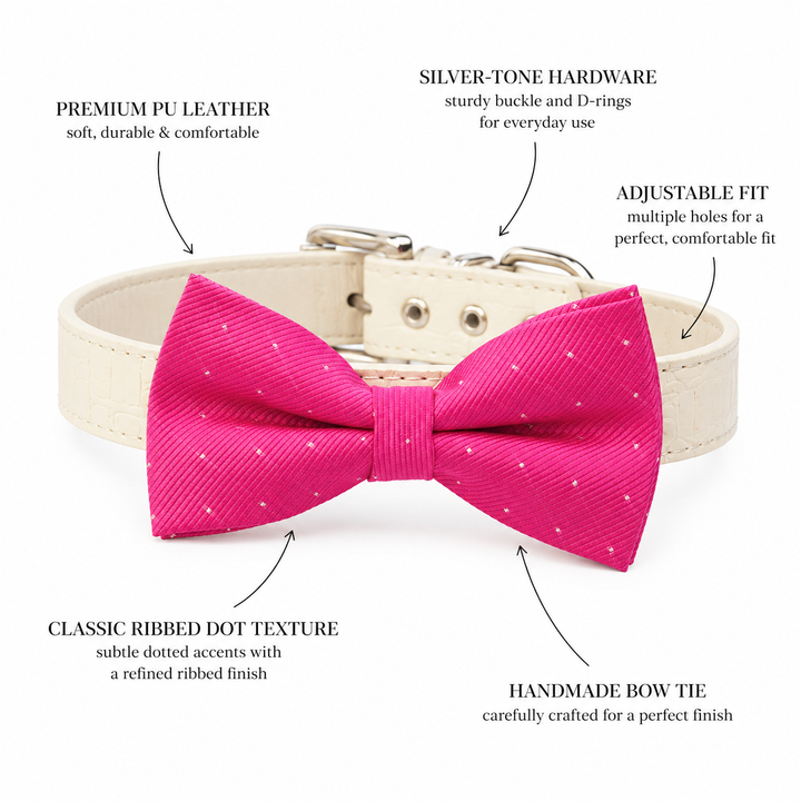 Dog bow tie collar feature guide showing hot pink ribbed fabric, vegan leather collar, silver-tone hardware, and adjustable fit