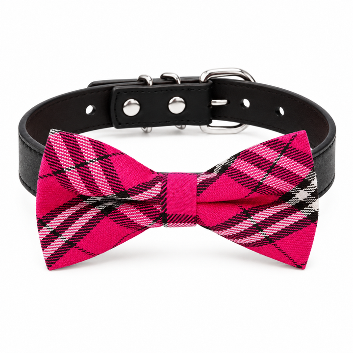 Hot pink plaid dog bow tie collar with black vegan leather collar and classic tartan pattern