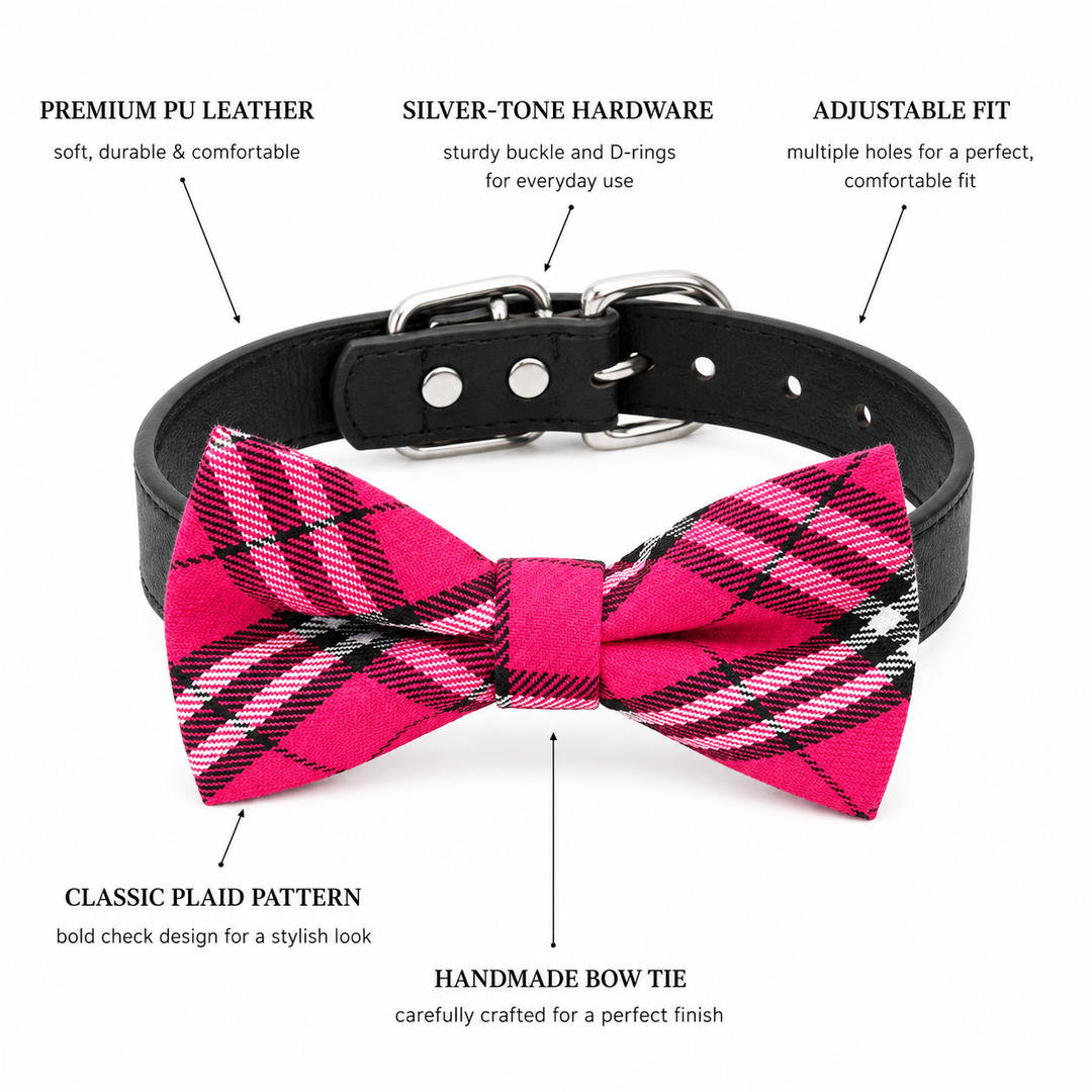 Dog bow tie collar feature guide showing hot pink plaid bow tie, black vegan leather collar, silver-tone hardware, and adjustable fit