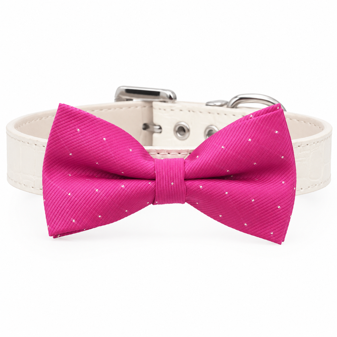 Hot pink ribbed dog bow tie collar with ivory vegan leather collar and subtle metallic dot accents