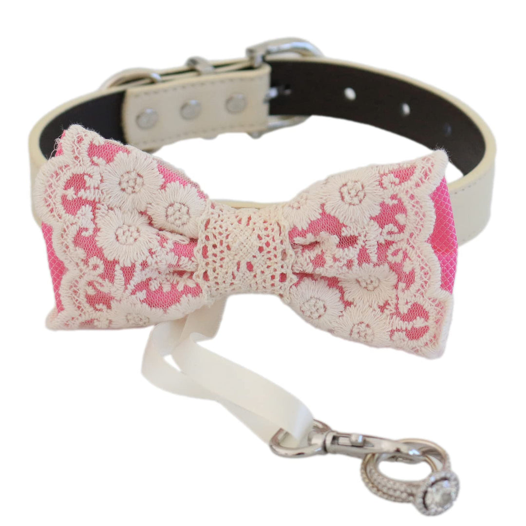 Hot Pink floral embroidered ring bearer dog bow tie collar with attached wedding ring holder ribbon, hot pink vegan leather collar, and elegant lace detailing
