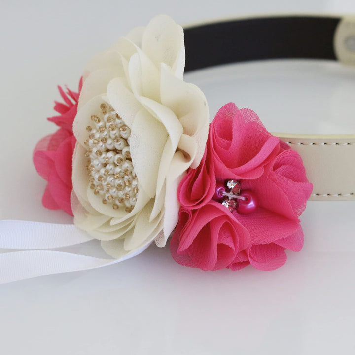 Ivory floral ring bearer dog collar with hot pink side flowers, pearl centerpiece, and removable ribbon ring holder.