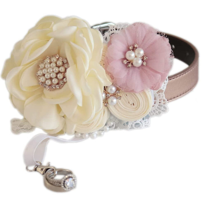 Ivory and blush floral ring bearer dog collar featuring pearl embellishments, lace accents, and removable ribbon ring holder.