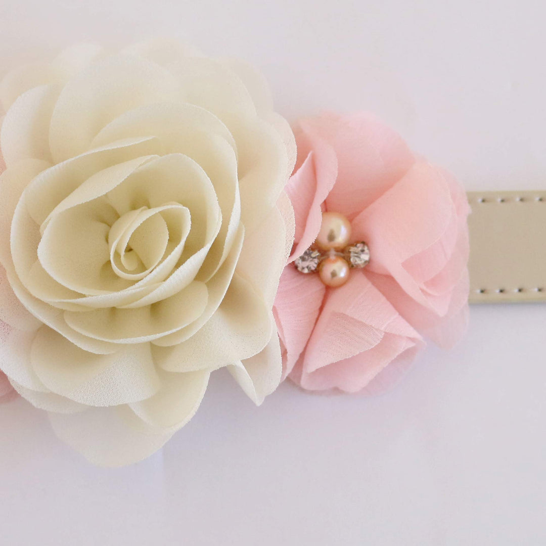 Ivory rose floral dog collar with blush pink chiffon flowers and pearl embellishments.