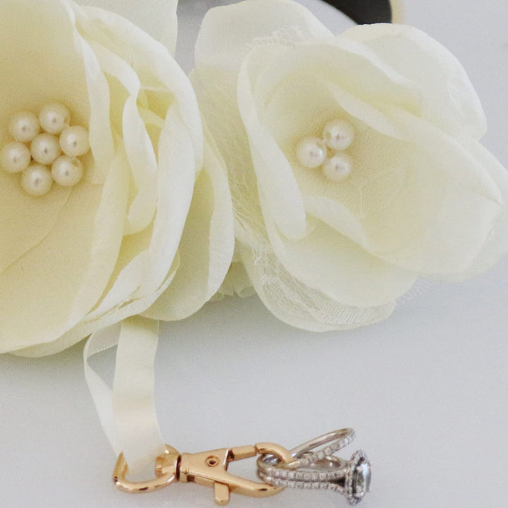 Ivory calla lily ring bearer dog collar with pearl flower centers, detachable wedding ring holder ribbon, and vegan leather collar.