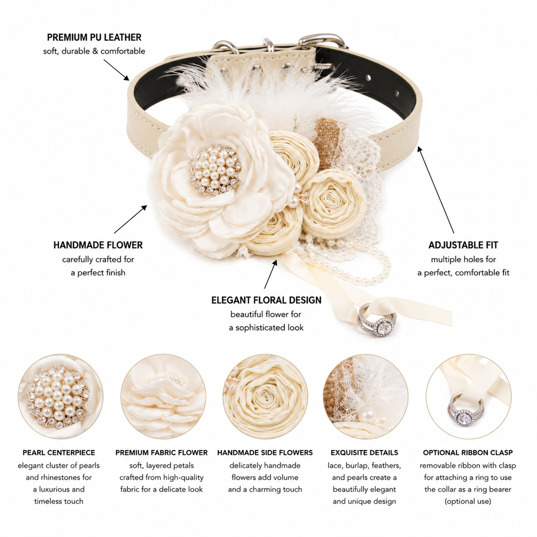 Feature guide showing ivory floral dog collar details including pearl centerpiece, handmade flowers, adjustable fit, and ring holder ribbon.