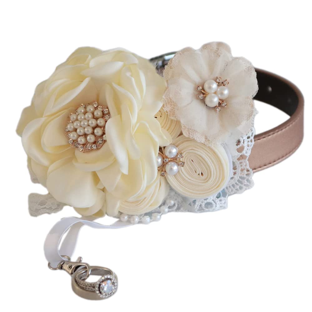 Ivory floral ring bearer dog collar featuring pearl details, lace accents, handcrafted flowers, and attached ring holder charm.