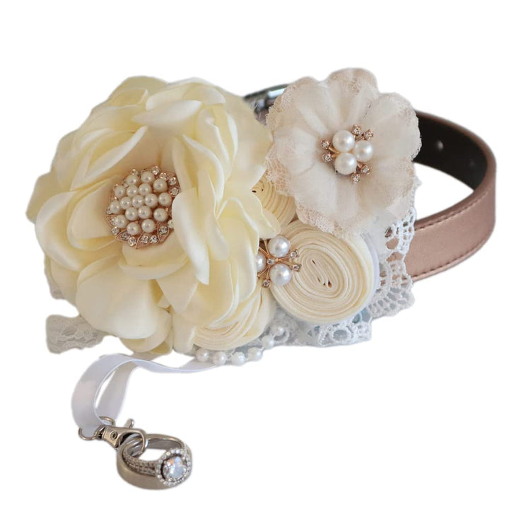 Ivory floral ring bearer dog collar featuring pearl details, lace accents, handcrafted flowers, and attached ring holder charm.