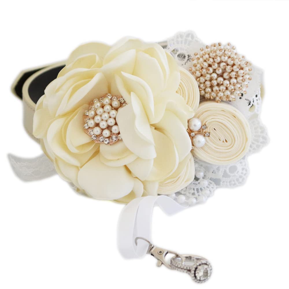 Ivory floral dog collar featuring pearl cluster detail, rolled rosette flowers, lace trim, and removable ribbon ring holder.