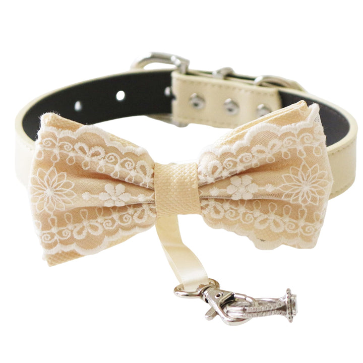 Ivory lace ring bearer dog bow tie collar with attached wedding ring holder ribbon, embroidered lace bow tie, and ivory vegan leather collar for weddings and formal events