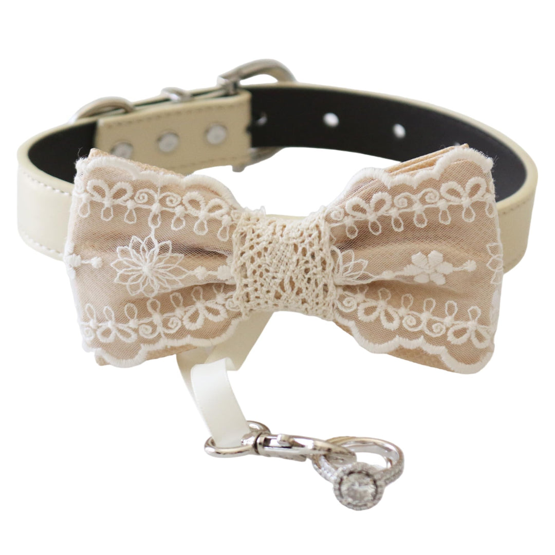 Ivory lace ring bearer dog bow tie collar with vegan leather collar and wedding ring holder ribbon