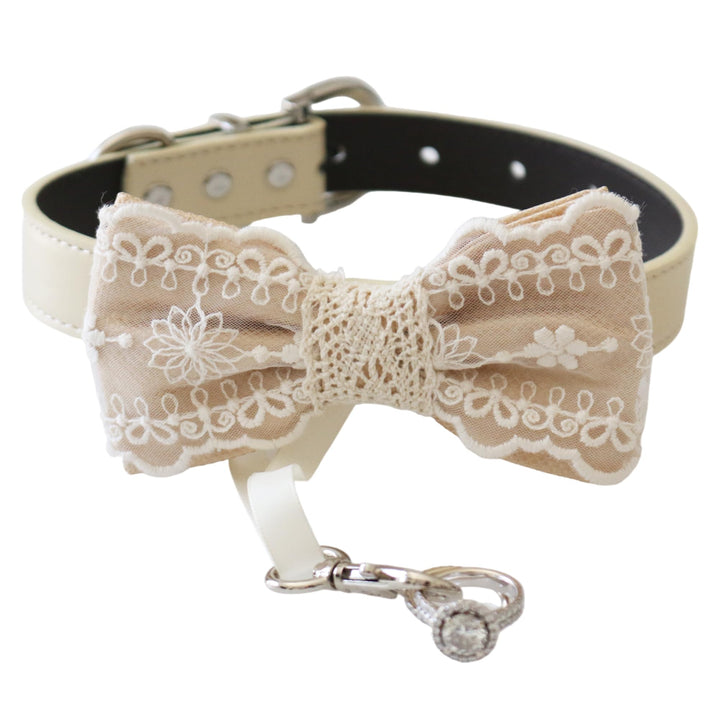 Ivory lace ring bearer dog bow tie collar with vegan leather collar and wedding ring holder ribbon