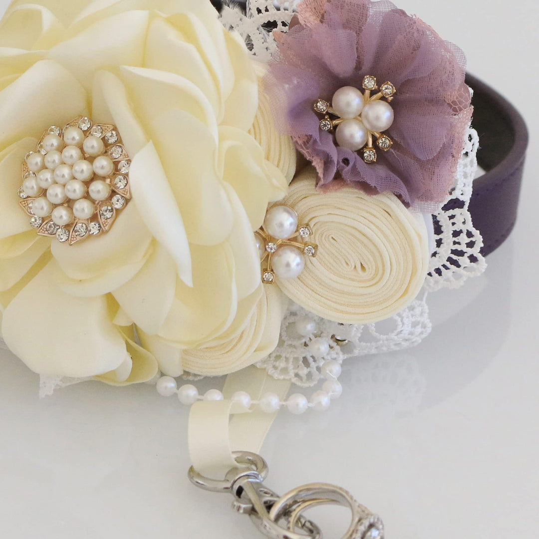 Ivory and lavender floral ring bearer dog collar with pearl accents, lace details, and decorative ring holder charm