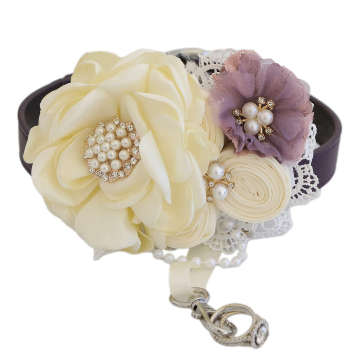 Handmade ivory and lavender flower dog collar with pearl embellishments, lace accents, and elegant wedding style design