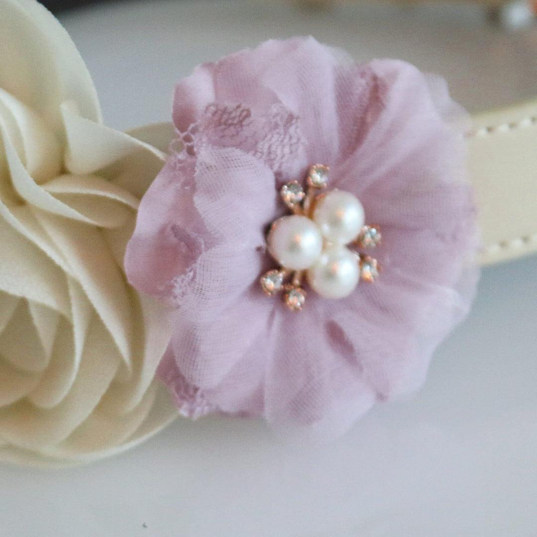 Ivory rose floral dog collar with soft lilac chiffon flowers and pearl center accents.