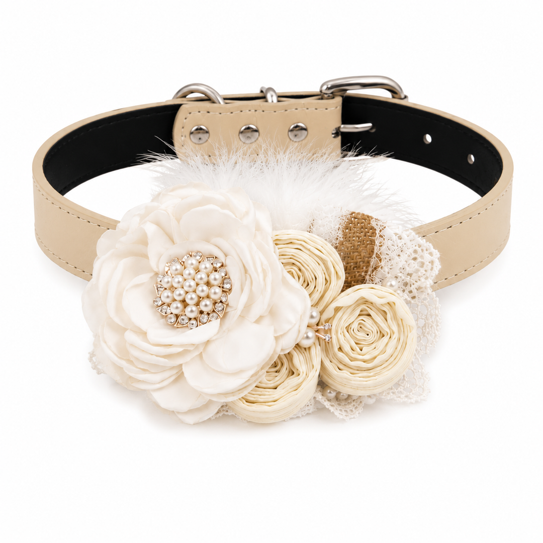 Ivory floral wedding dog collar with pearl centerpiece, lace accents, feather details, and handcrafted fabric flowers.